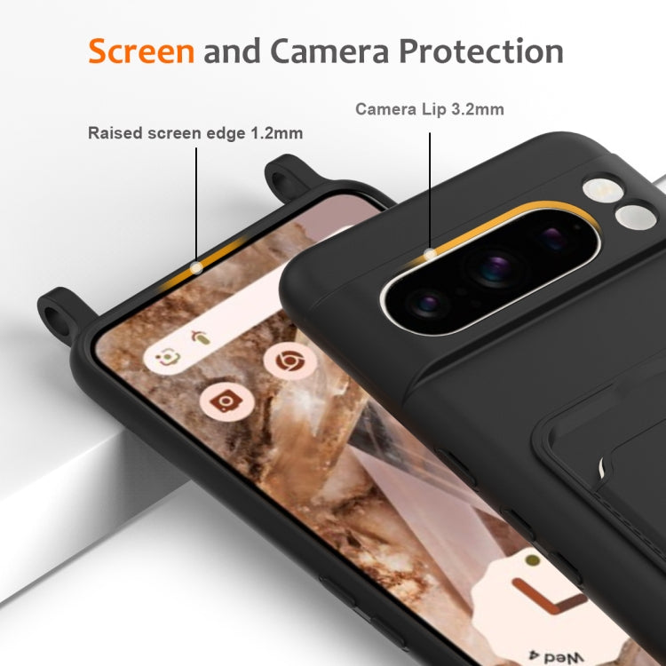 For Google Pixel 8 Pro Integrated Card Bag Solid Color Liquid Silicone Phone Case with Lanyard