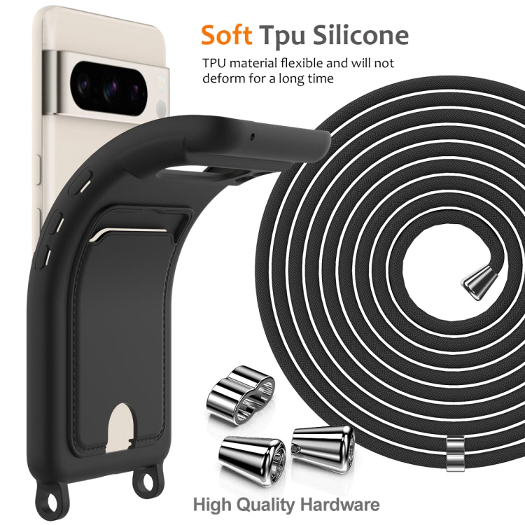 For Google Pixel 8 Pro Integrated Card Bag Solid Color Liquid Silicone Phone Case with Lanyard