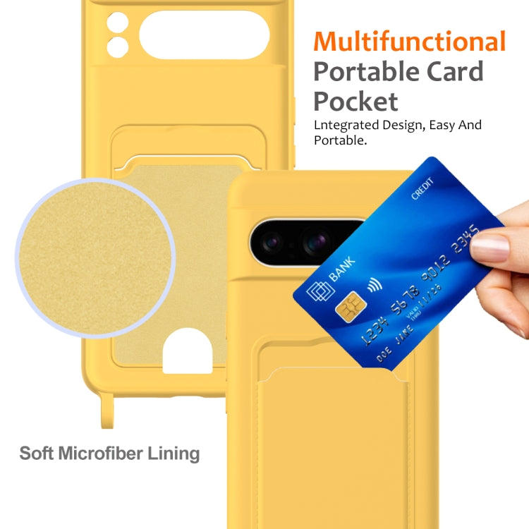 For Google Pixel 8 Pro Integrated Card Bag Solid Color Liquid Silicone Phone Case with Lanyard