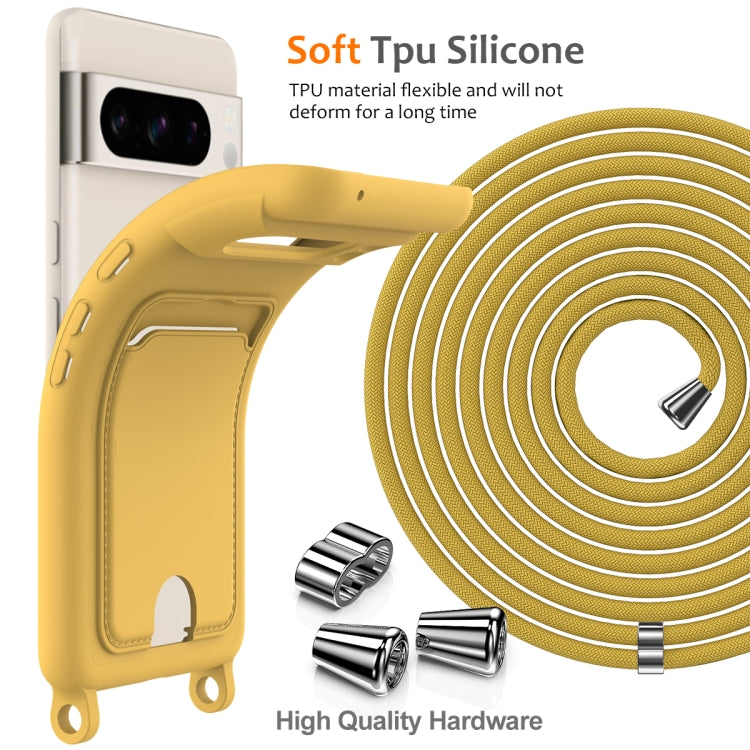 For Google Pixel 8 Pro Integrated Card Bag Solid Color Liquid Silicone Phone Case with Lanyard
