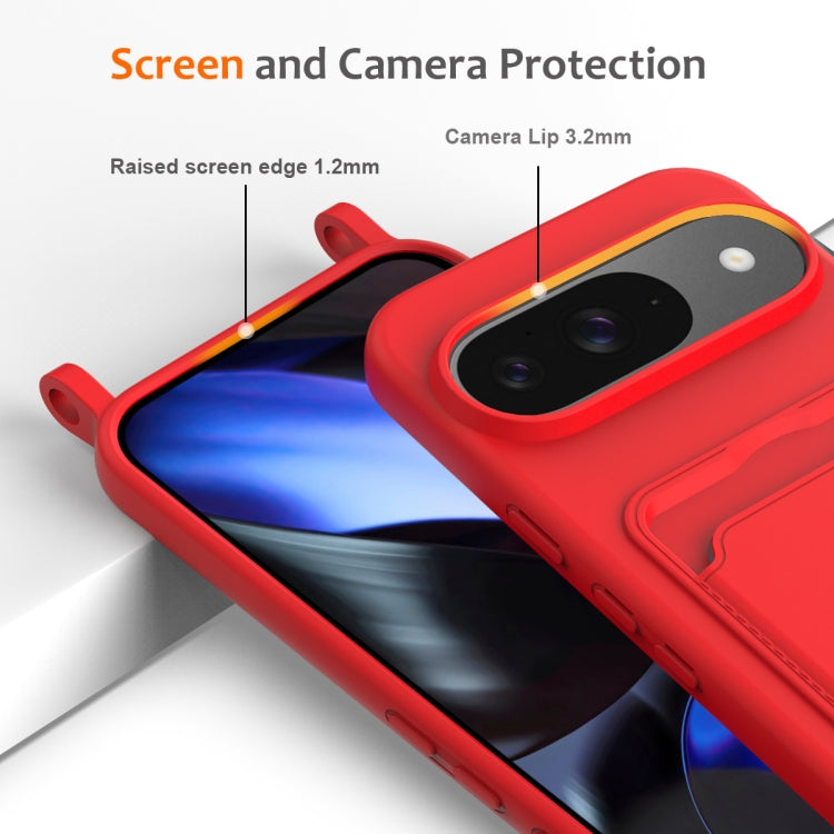 For Google Pixel 9 Integrated Card Bag Solid Color Liquid Silicone Phone Case with Lanyard