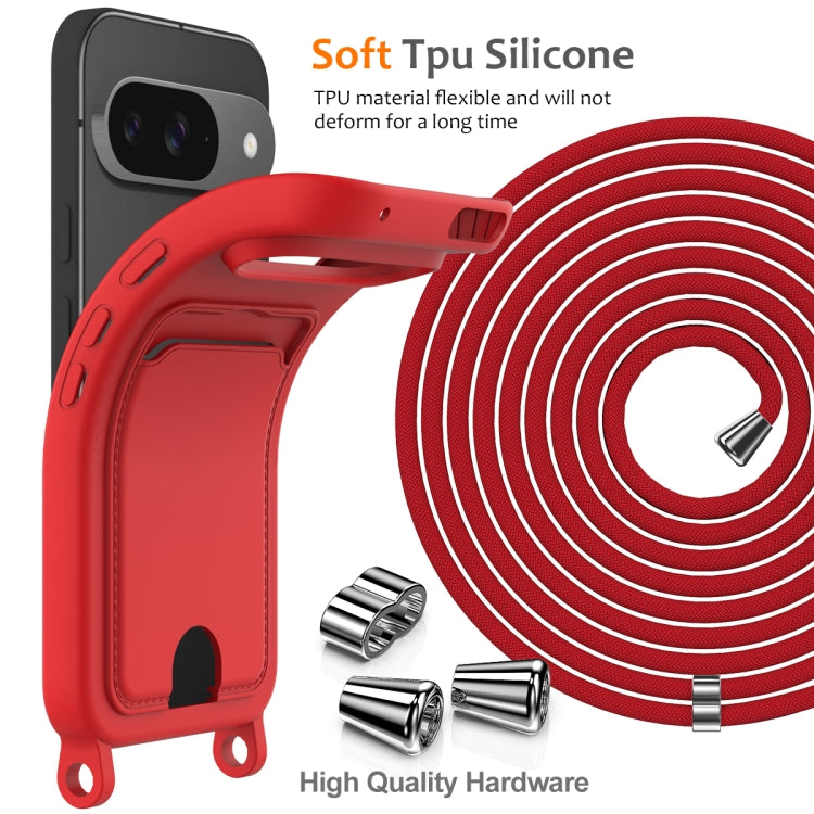 For Google Pixel 9 Integrated Card Bag Solid Color Liquid Silicone Phone Case with Lanyard