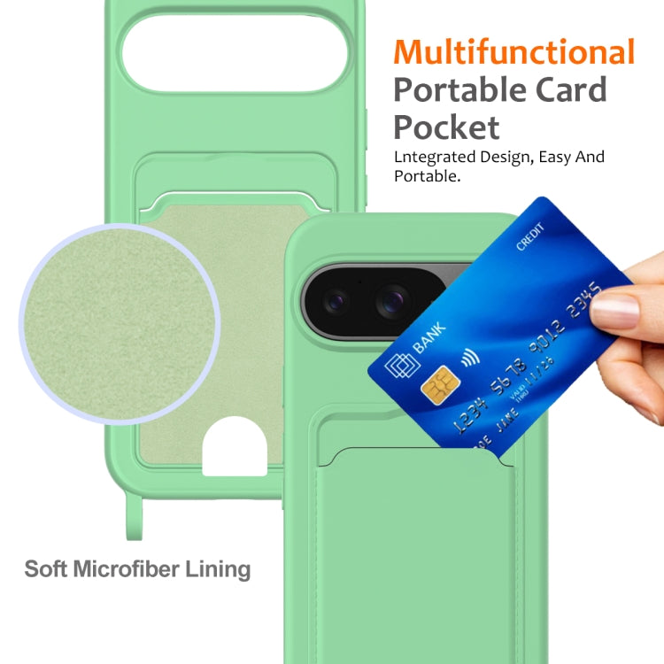 For Google Pixel 9 Integrated Card Bag Solid Color Liquid Silicone Phone Case with Lanyard