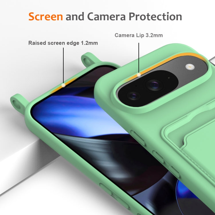 For Google Pixel 9 Integrated Card Bag Solid Color Liquid Silicone Phone Case with Lanyard