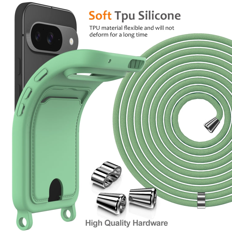 For Google Pixel 9 Integrated Card Bag Solid Color Liquid Silicone Phone Case with Lanyard