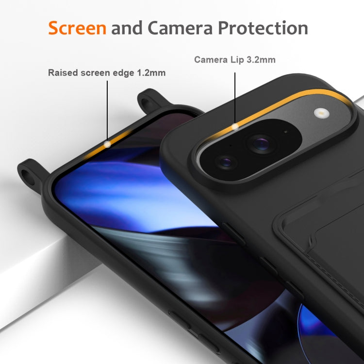 For Google Pixel 9 Integrated Card Bag Solid Color Liquid Silicone Phone Case with Lanyard