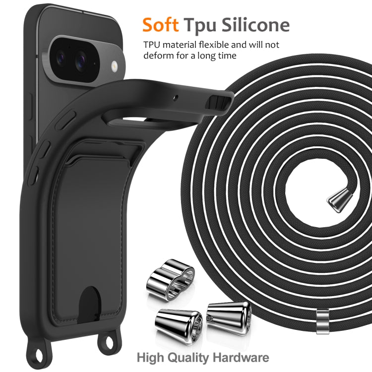 For Google Pixel 9 Integrated Card Bag Solid Color Liquid Silicone Phone Case with Lanyard