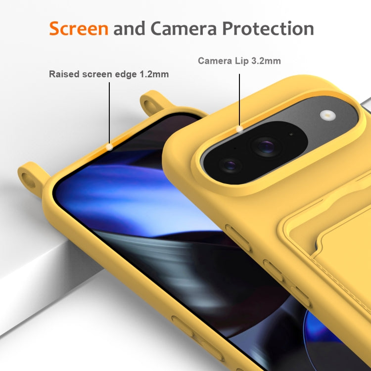 For Google Pixel 9 Integrated Card Bag Solid Color Liquid Silicone Phone Case with Lanyard