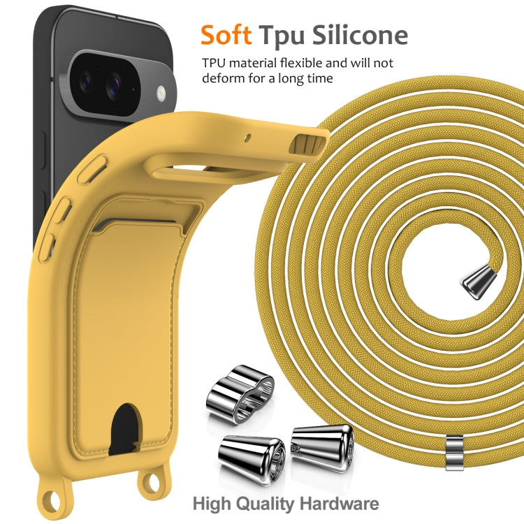 For Google Pixel 9 Integrated Card Bag Solid Color Liquid Silicone Phone Case with Lanyard