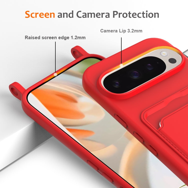 For Google Pixel 9 Pro Integrated Card Bag Solid Color Liquid Silicone Phone Case with Lanyard