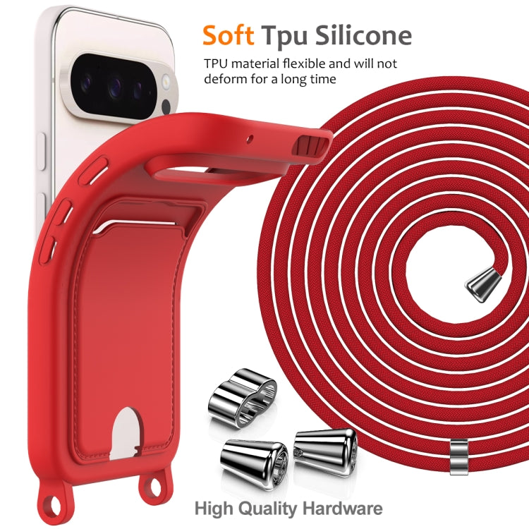 For Google Pixel 9 Pro Integrated Card Bag Solid Color Liquid Silicone Phone Case with Lanyard