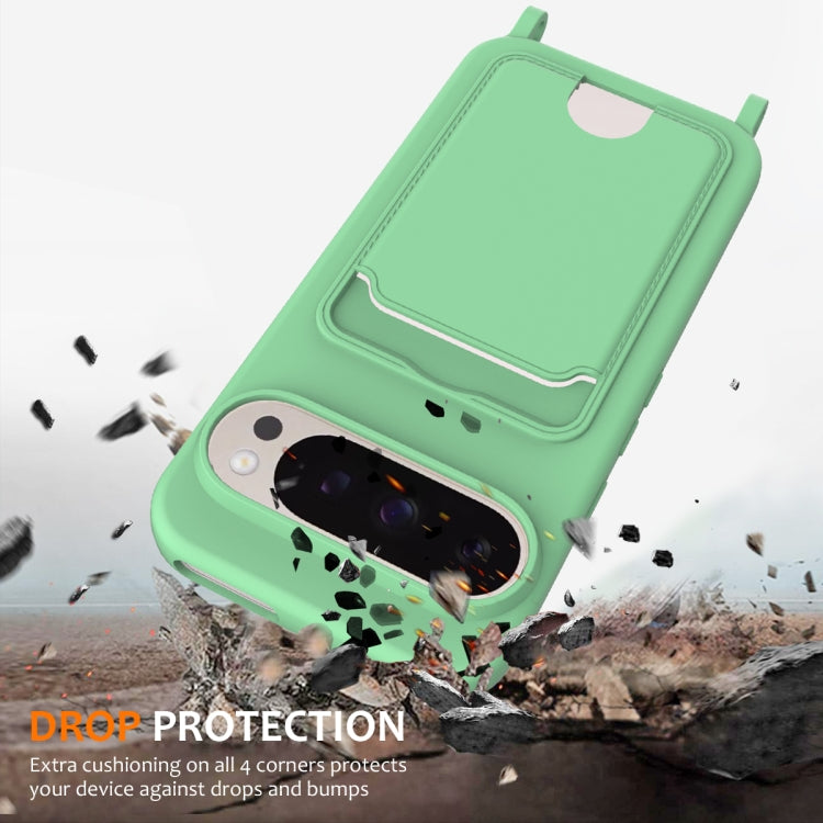 For Google Pixel 9 Pro Integrated Card Bag Solid Color Liquid Silicone Phone Case with Lanyard
