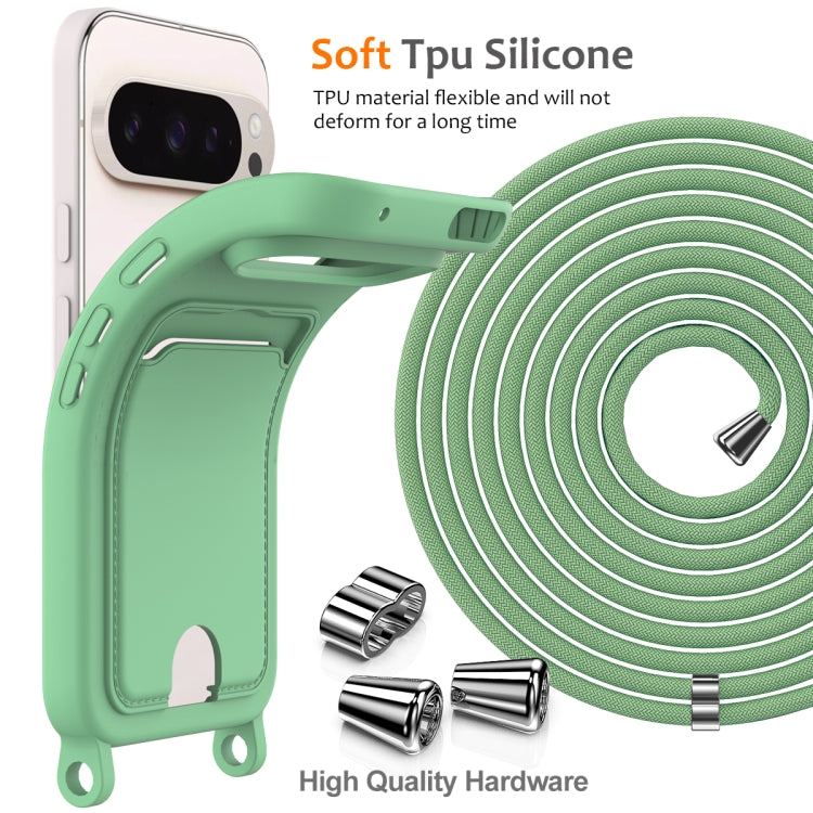 For Google Pixel 9 Pro Integrated Card Bag Solid Color Liquid Silicone Phone Case with Lanyard