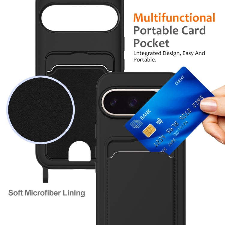 For Google Pixel 9 Pro Integrated Card Bag Solid Color Liquid Silicone Phone Case with Lanyard