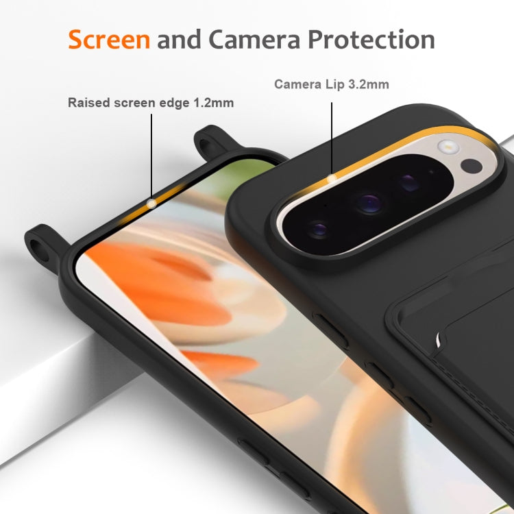 For Google Pixel 9 Pro Integrated Card Bag Solid Color Liquid Silicone Phone Case with Lanyard