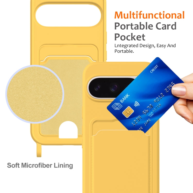 For Google Pixel 9 Pro Integrated Card Bag Solid Color Liquid Silicone Phone Case with Lanyard
