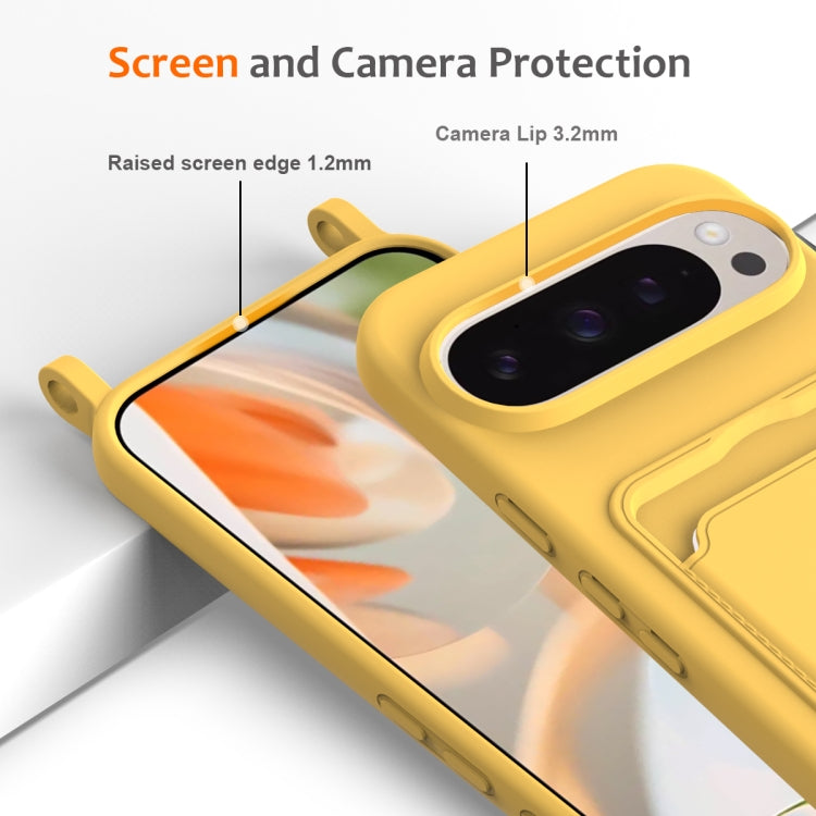 For Google Pixel 9 Pro Integrated Card Bag Solid Color Liquid Silicone Phone Case with Lanyard