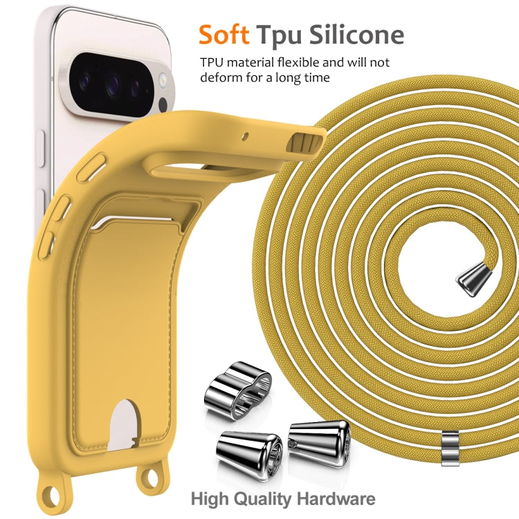 For Google Pixel 9 Pro Integrated Card Bag Solid Color Liquid Silicone Phone Case with Lanyard
