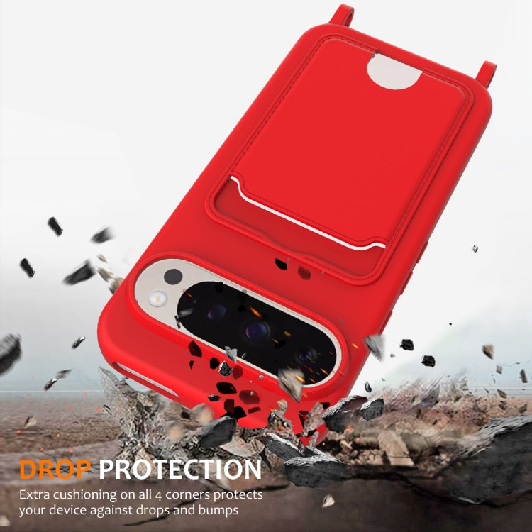 For Google Pixel 9 Pro XL Integrated Card Bag Solid Color Liquid Silicone Phone Case with Lanyard