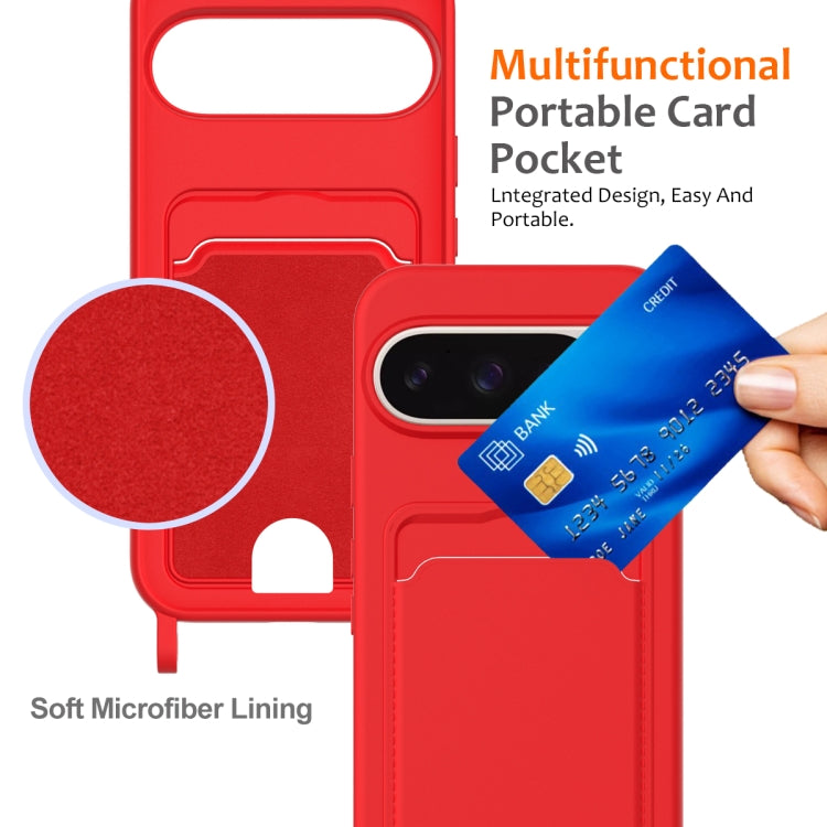 For Google Pixel 9 Pro XL Integrated Card Bag Solid Color Liquid Silicone Phone Case with Lanyard