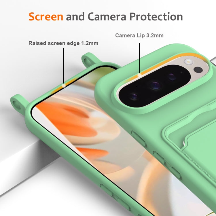 For Google Pixel 9 Pro XL Integrated Card Bag Solid Color Liquid Silicone Phone Case with Lanyard