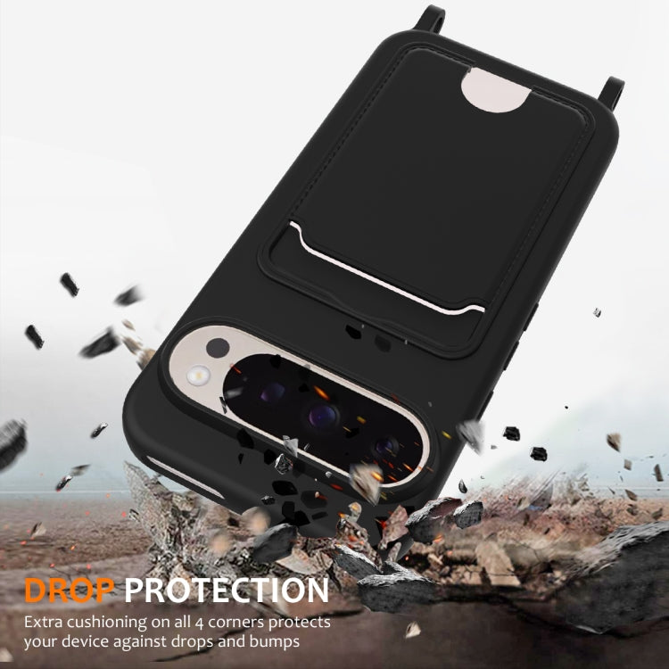 For Google Pixel 9 Pro XL Integrated Card Bag Solid Color Liquid Silicone Phone Case with Lanyard