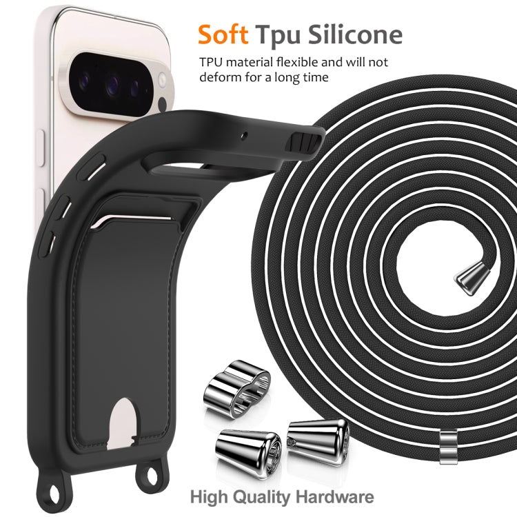 For Google Pixel 9 Pro XL Integrated Card Bag Solid Color Liquid Silicone Phone Case with Lanyard