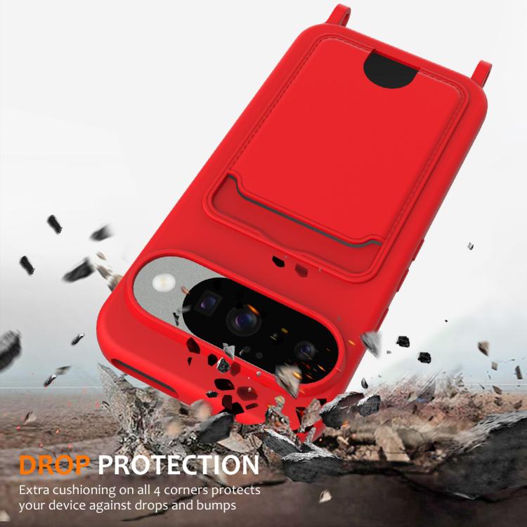 For Google Pixel 10 Integrated Card Bag Solid Color Liquid Silicone Phone Case with Lanyard