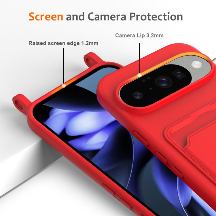 For Google Pixel 10 Integrated Card Bag Solid Color Liquid Silicone Phone Case with Lanyard