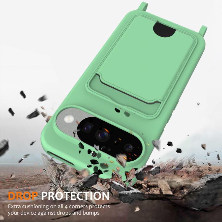 For Google Pixel 10 Integrated Card Bag Solid Color Liquid Silicone Phone Case with Lanyard