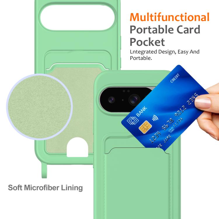 For Google Pixel 10 Integrated Card Bag Solid Color Liquid Silicone Phone Case with Lanyard