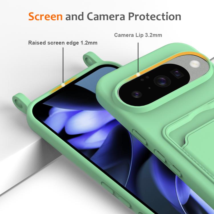For Google Pixel 10 Integrated Card Bag Solid Color Liquid Silicone Phone Case with Lanyard
