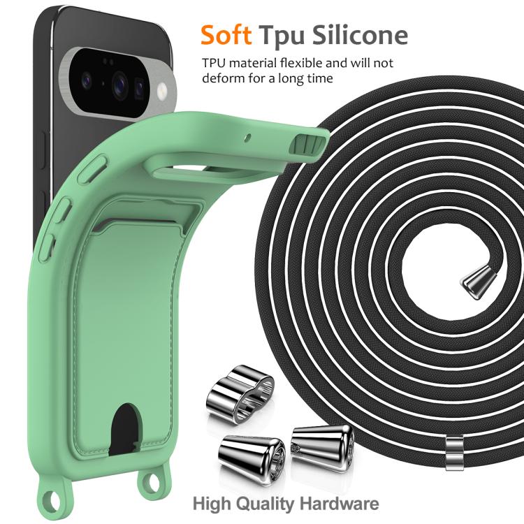 For Google Pixel 10 Integrated Card Bag Solid Color Liquid Silicone Phone Case with Lanyard