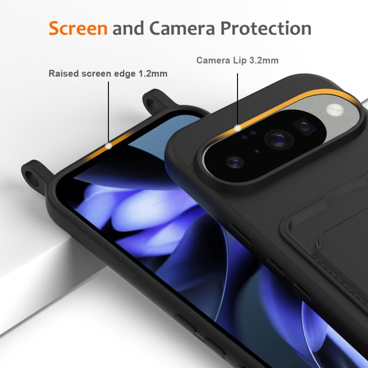 For Google Pixel 10 Integrated Card Bag Solid Color Liquid Silicone Phone Case with Lanyard