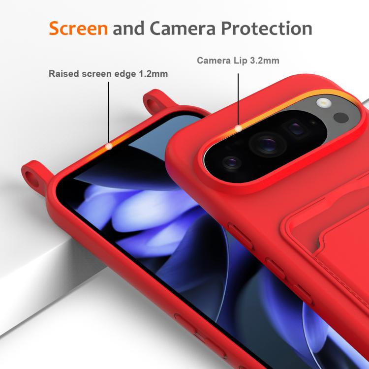 For Google Pixel 10 Pro Integrated Card Bag Solid Color Liquid Silicone Phone Case with Lanyard