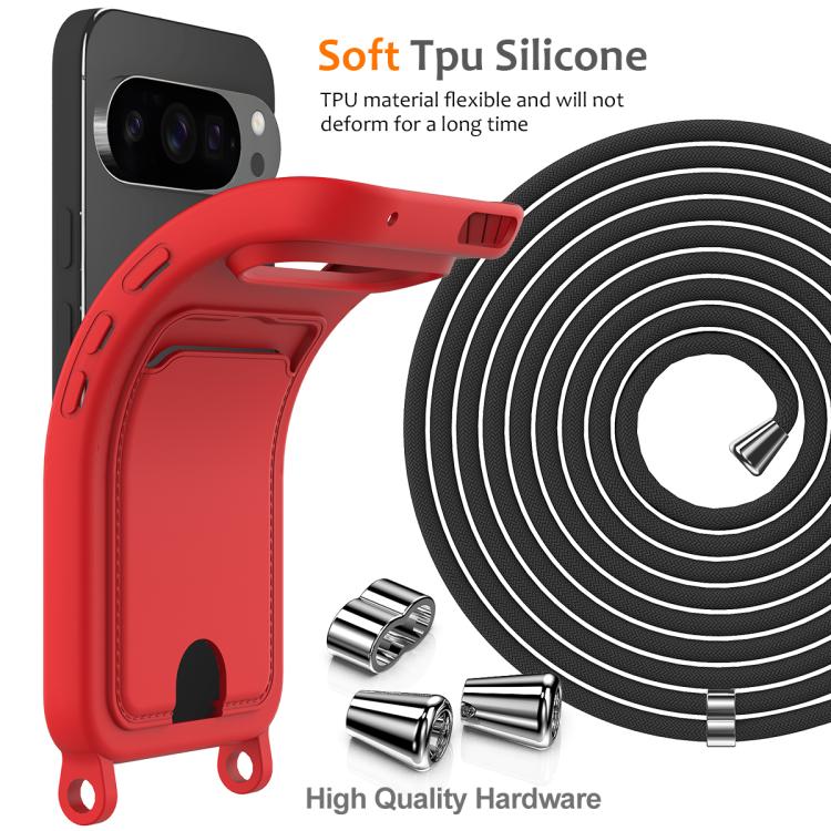 For Google Pixel 10 Pro Integrated Card Bag Solid Color Liquid Silicone Phone Case with Lanyard