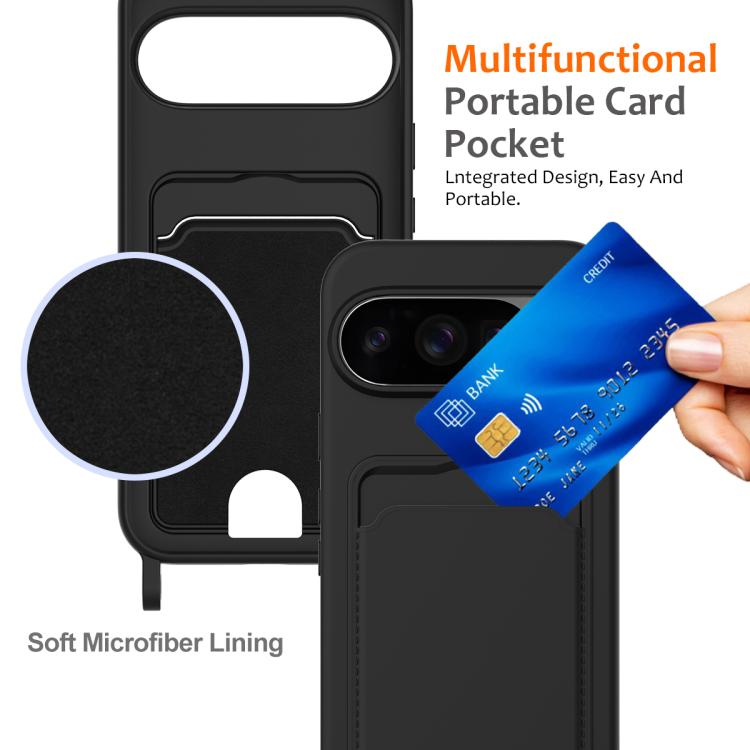 For Google Pixel 10 Pro Integrated Card Bag Solid Color Liquid Silicone Phone Case with Lanyard