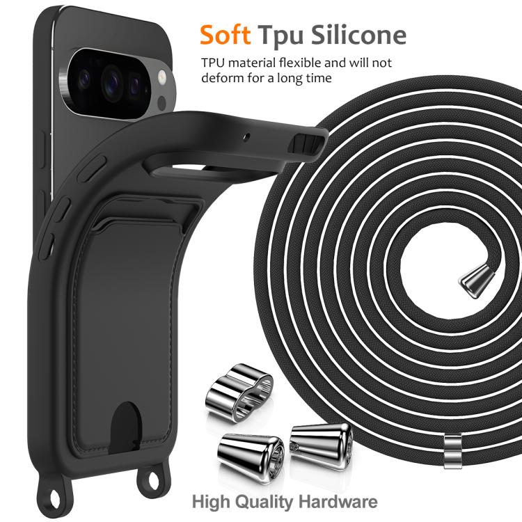 For Google Pixel 10 Pro Integrated Card Bag Solid Color Liquid Silicone Phone Case with Lanyard