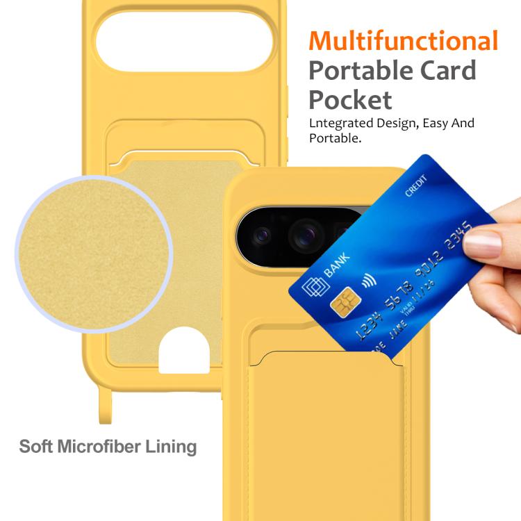 For Google Pixel 10 Pro Integrated Card Bag Solid Color Liquid Silicone Phone Case with Lanyard