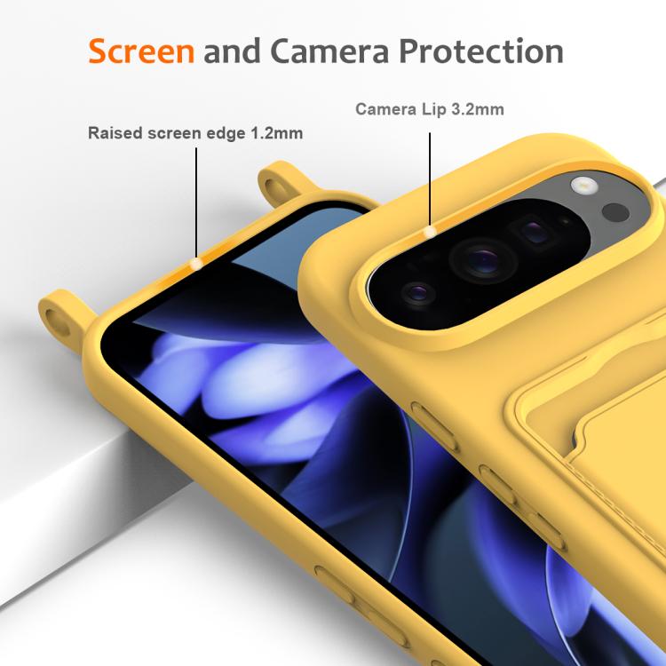 For Google Pixel 10 Pro Integrated Card Bag Solid Color Liquid Silicone Phone Case with Lanyard