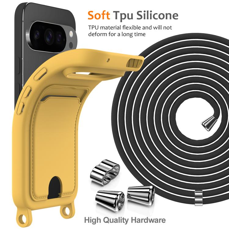 For Google Pixel 10 Pro Integrated Card Bag Solid Color Liquid Silicone Phone Case with Lanyard