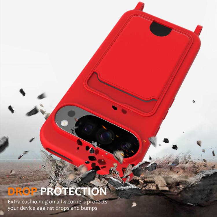 For Google Pixel 10 Pro XL Integrated Card Bag Solid Color Liquid Silicone Phone Case with Lanyard