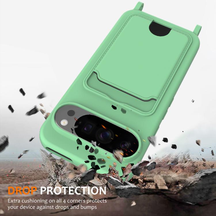 For Google Pixel 10 Pro XL Integrated Card Bag Solid Color Liquid Silicone Phone Case with Lanyard