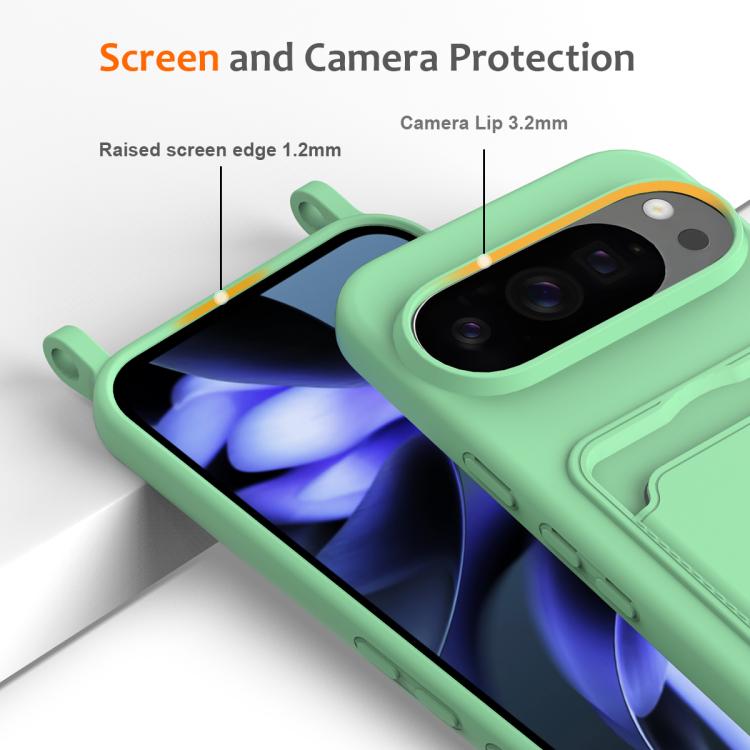 For Google Pixel 10 Pro XL Integrated Card Bag Solid Color Liquid Silicone Phone Case with Lanyard