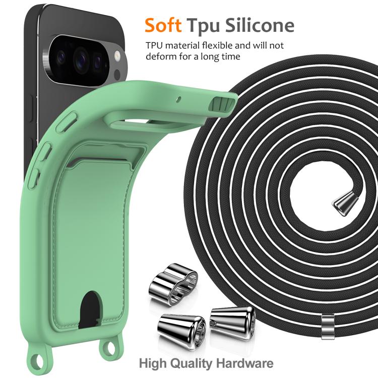 For Google Pixel 10 Pro XL Integrated Card Bag Solid Color Liquid Silicone Phone Case with Lanyard