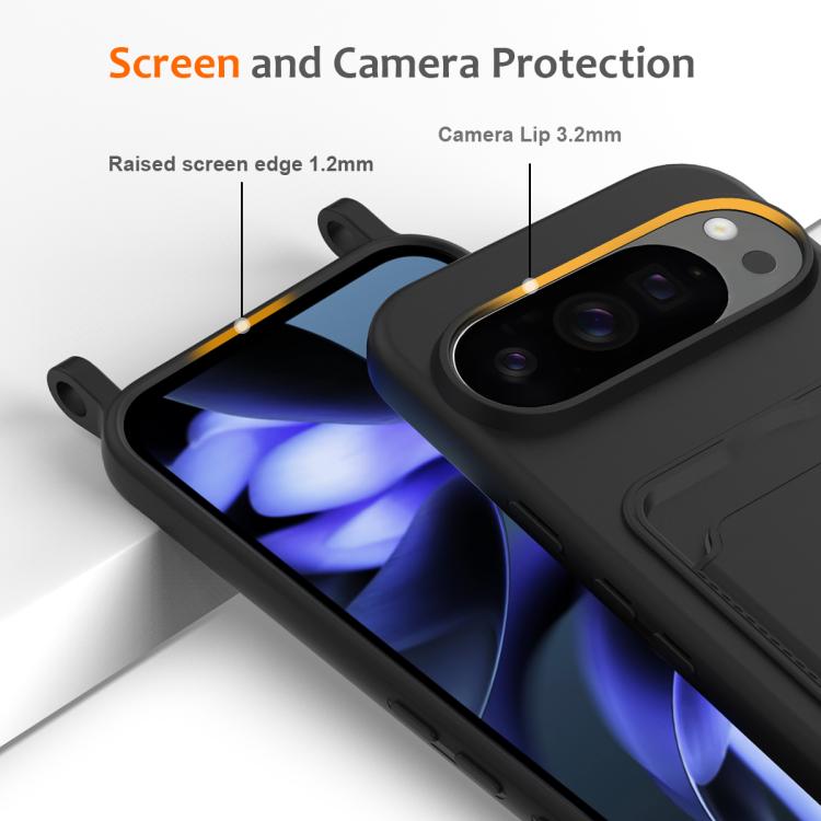 For Google Pixel 10 Pro XL Integrated Card Bag Solid Color Liquid Silicone Phone Case with Lanyard