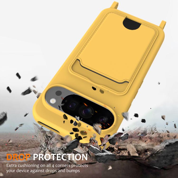 For Google Pixel 10 Pro XL Integrated Card Bag Solid Color Liquid Silicone Phone Case with Lanyard