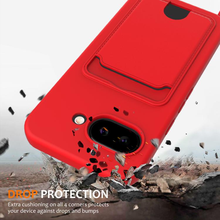 For Google Pixel 9a Integrated Card Bag Solid Color Liquid Silicone Phone Case with Lanyard