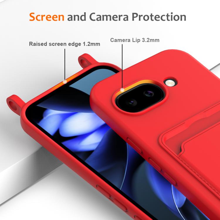 For Google Pixel 9a Integrated Card Bag Solid Color Liquid Silicone Phone Case with Lanyard