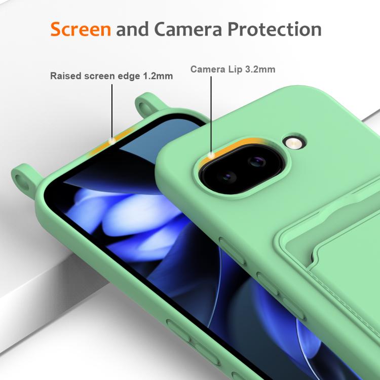 For Google Pixel 9a Integrated Card Bag Solid Color Liquid Silicone Phone Case with Lanyard